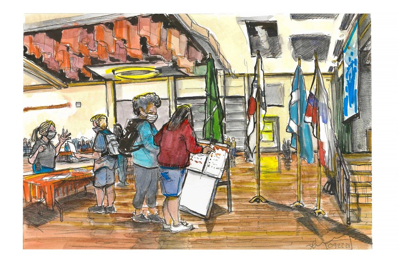 Doodle of studenets and flags in the Commonwealth Ballroom by the Doodler