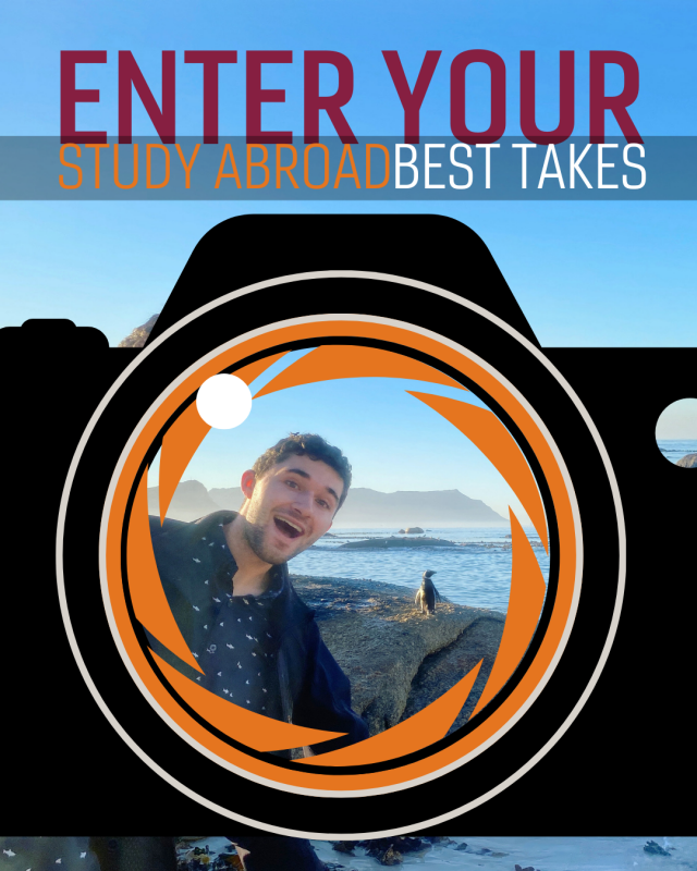 A stylized camera under the words "Enter your best takes study abroad best takes"