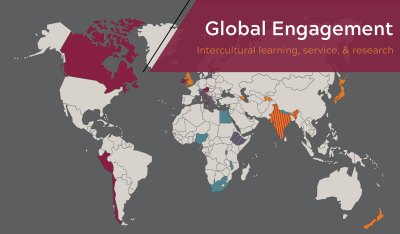 Map with words "Global Engagement, Intercultural learning, service and research