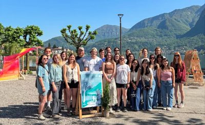 A large group of students pose for a picture in Riva San Vitale, Switzerland
